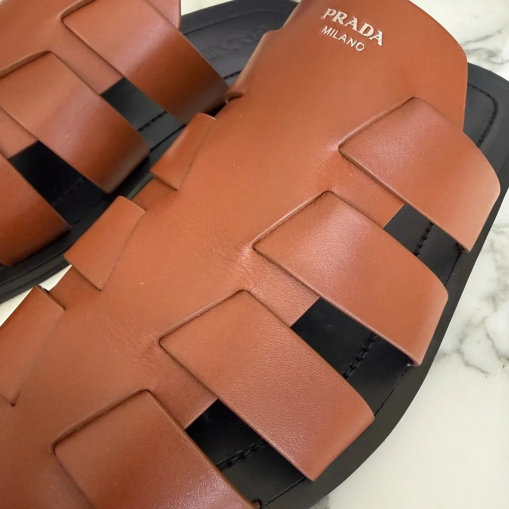 Prada 2X3145 Cognac Leather Fisherman's Mules Sandals Shoes, Sz. US 8.5 (UK 7.5)